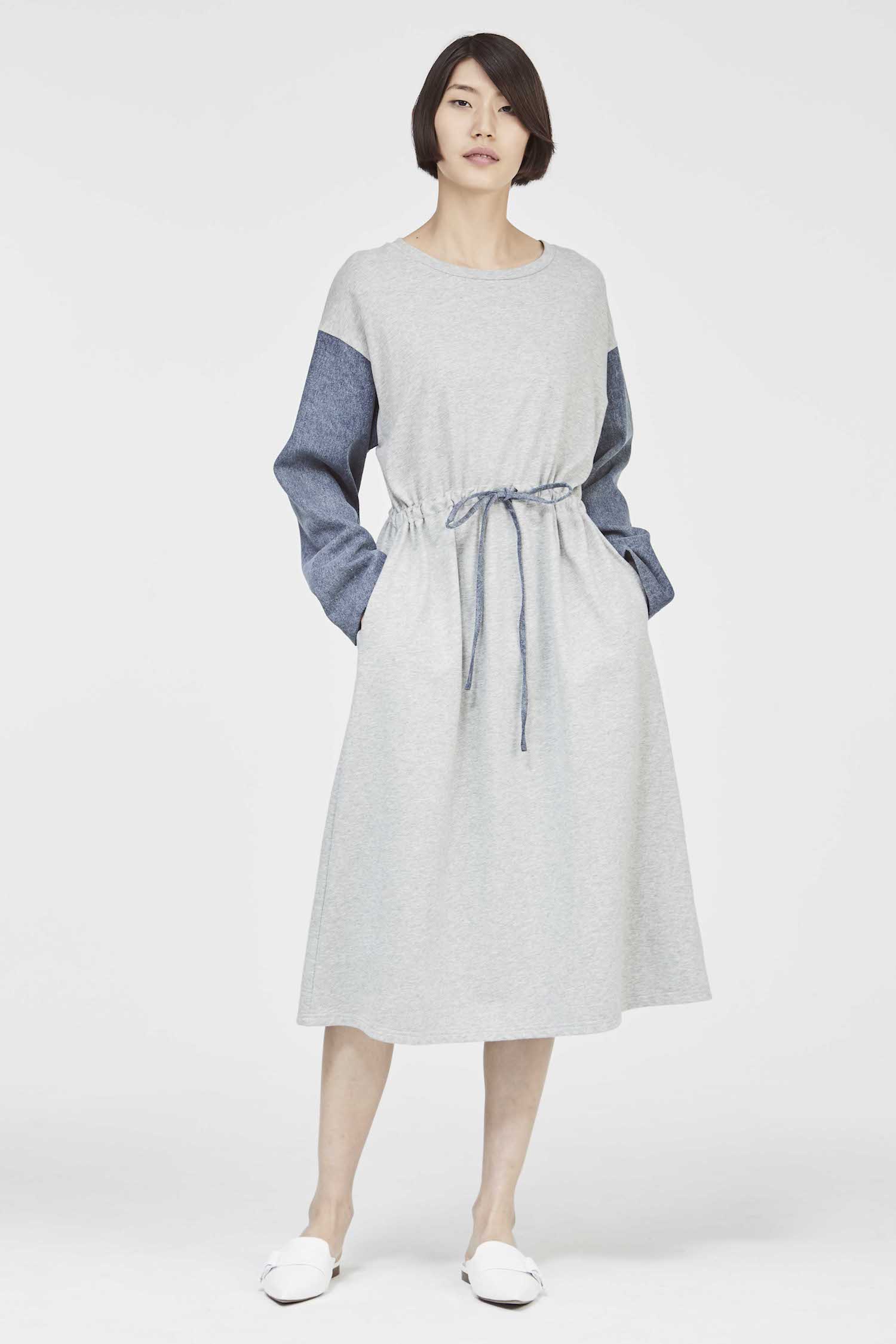 BDQ 7552 MELANGE GREY MIXED FABRIC SWEATER DRESS