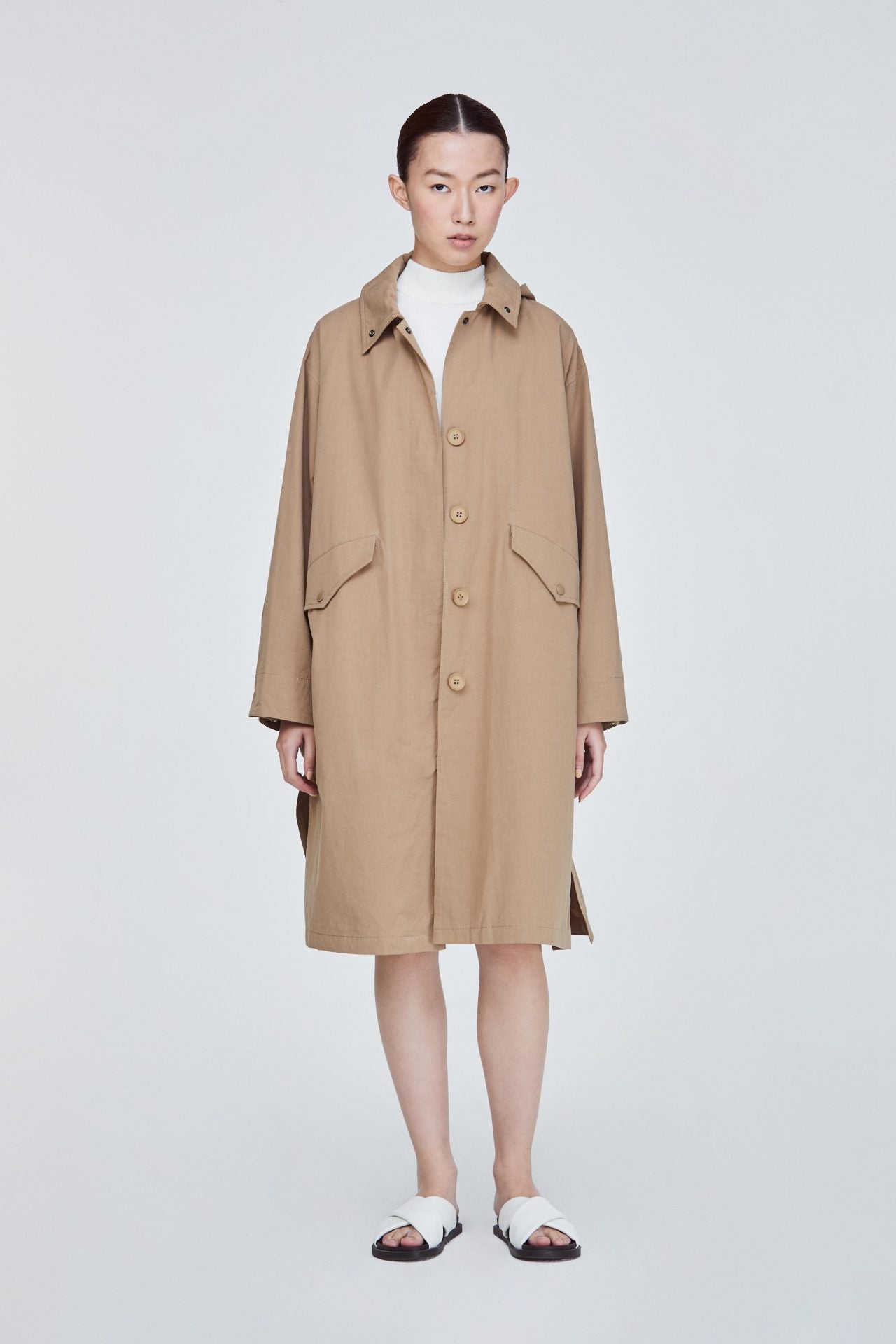 BJK 11024 HOODED COLLARED BUTTON-DOWN TRENCH COAT KHAKI