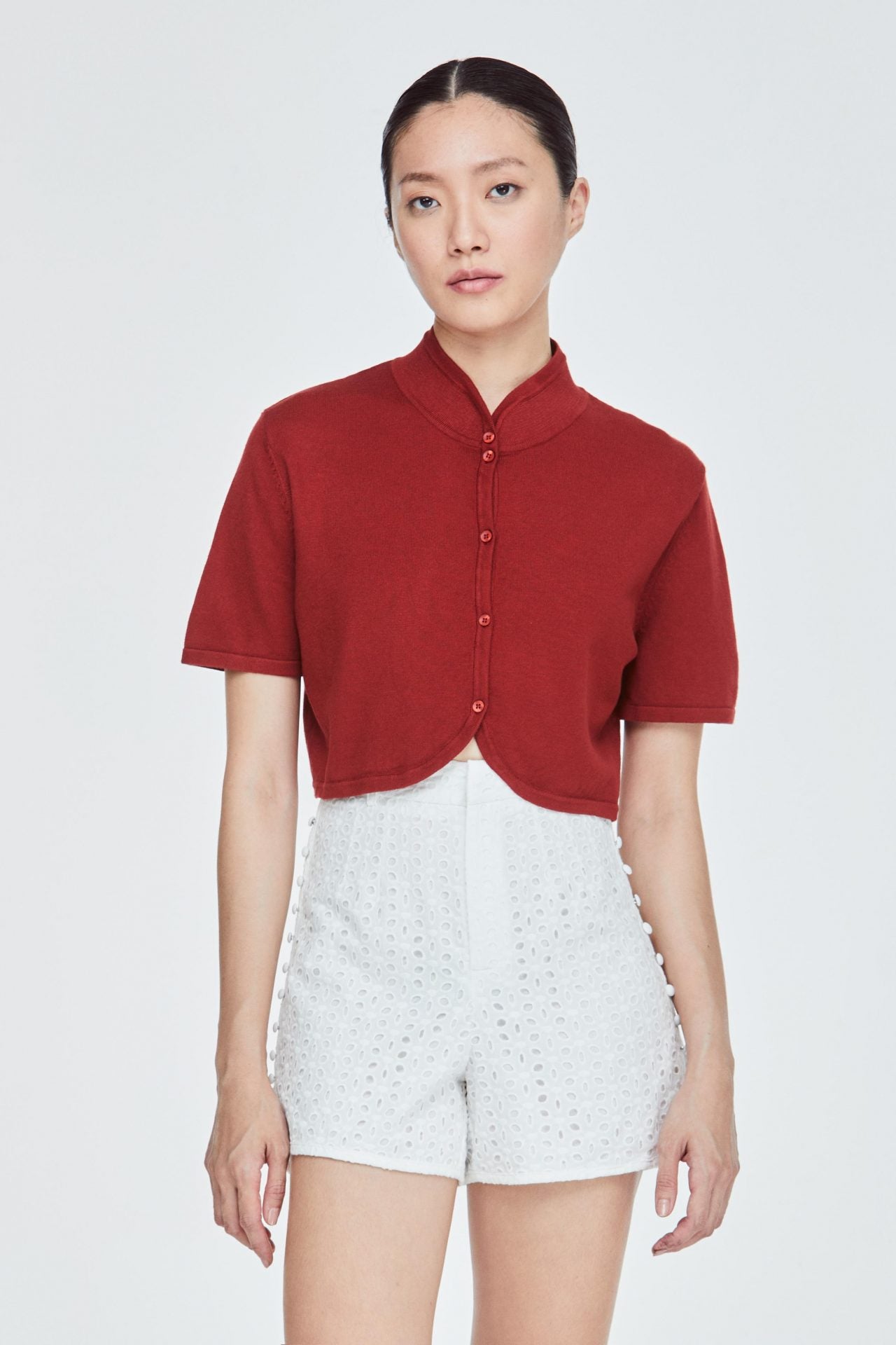 BK 11244 BUTTON DOWN MANDARIN COLLAR CROP SHIRT RUST RED