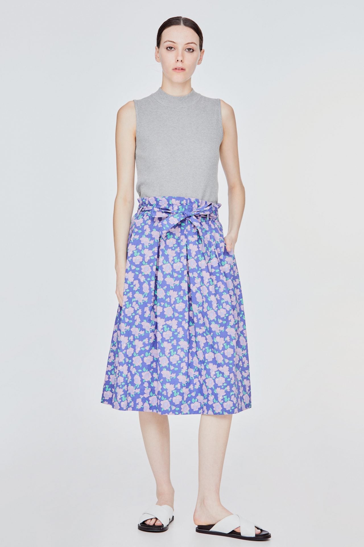 BSK 11442 FLORAL A-LINE FLARE MIDI SKIRT LILAC FLORAL