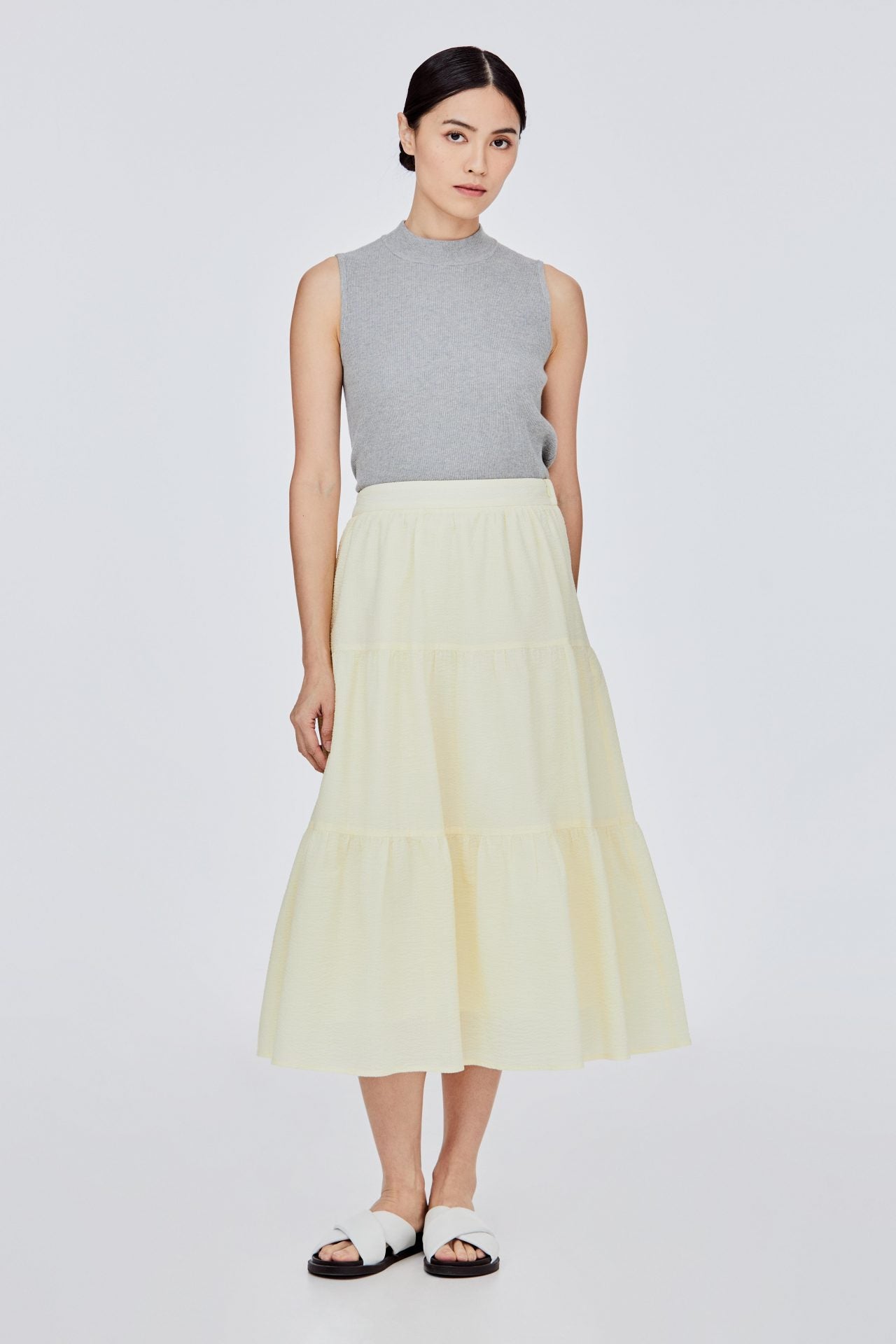 BSK 11585 TIERED FLARE MIDI SKIRT PALE YELLOW