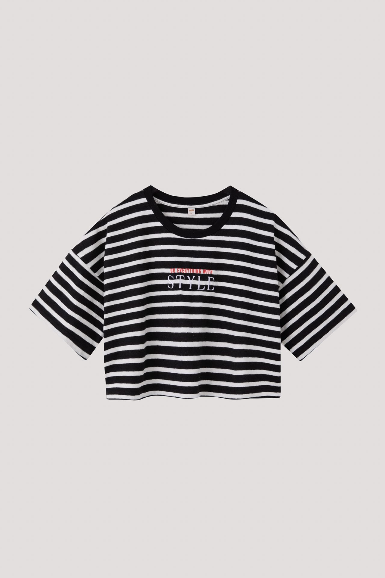 BT 11601 OVERSIZED EMBROIDERED STRIPED CROP TEE BLACK