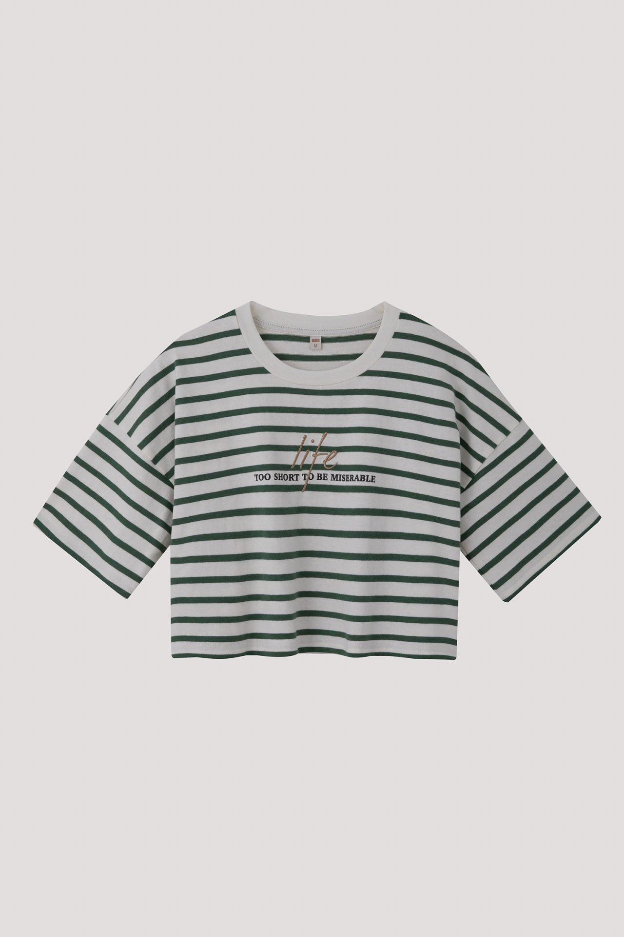 BT 11601 OVERSIZED EMBROIDERED STRIPED CROP TEE GREEN STRIPES