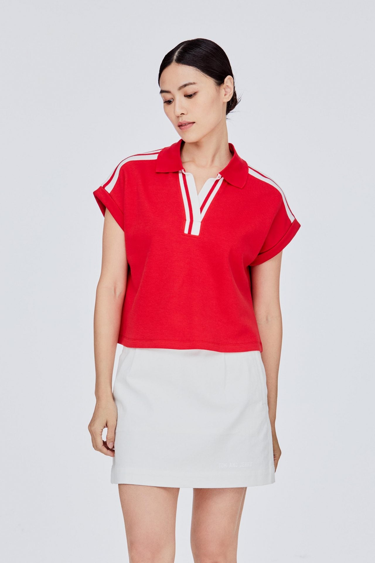 BT 11653 POLO STRIP VNECK TOP RED